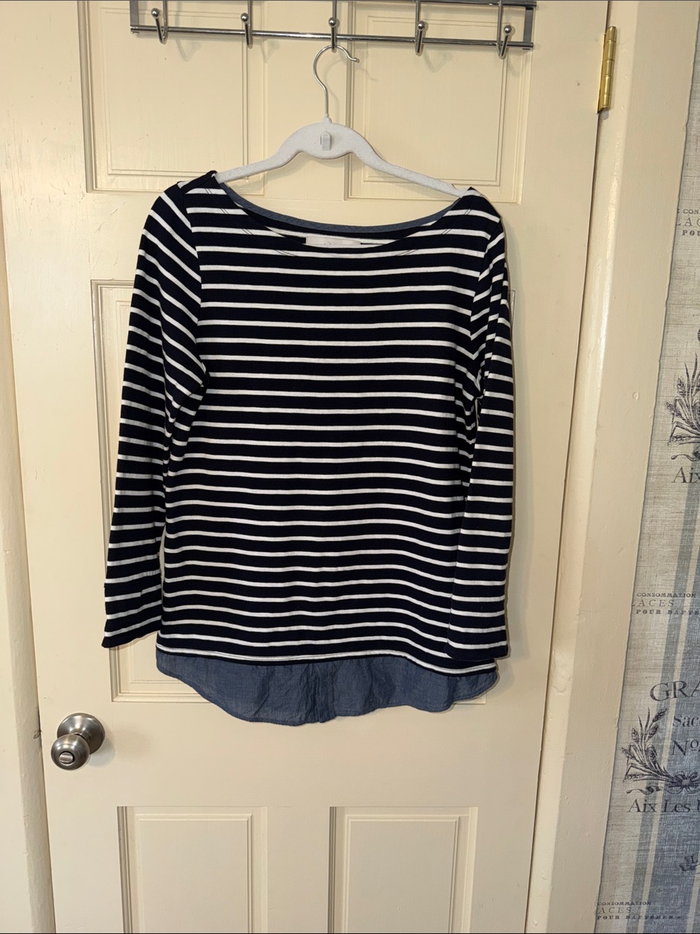LOFT Navy and White Striped Long-Sleeve Top with Layered Hem Detail